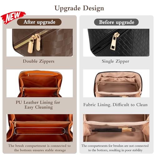 Travel Makeup Bag Large Capacity Waterproof Cosmetic Organizer with Divider - Checkerboard Brown