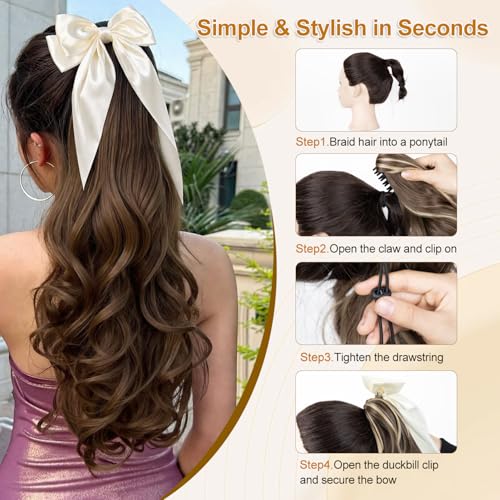 24-Inch Black Ponytail Extension with Detachable Bow Claw Clip Hair Extension