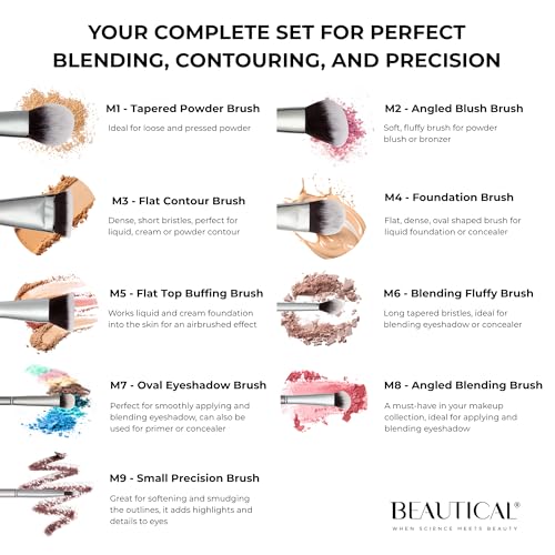 BEAUTICAL 9-Piece Vegan Makeup Brush Set with Travel Pouch - Soft Synthetic Bristles for Liquid, Cream & Powder Application