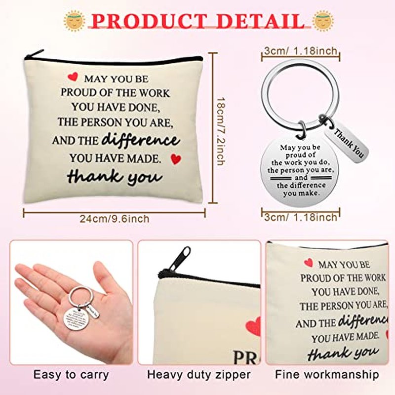 Geosar 16 Pcs Employee Appreciation Gifts for Women Makeup Bags Women's Day Inspirational Canvas Cosmetic Bags Thank You Keychains for Coworker Staff Nurse Teacher Volunteer Team