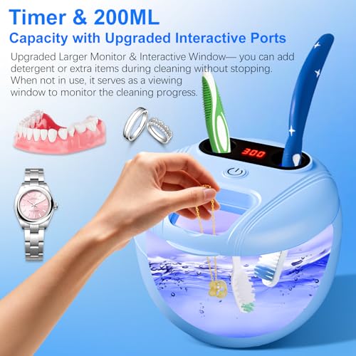Blue Upgraded Ultrasonic Retainer Cleaner Machine 45kHz for Dentures & Oral Appliances