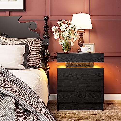Nightstand with Charging Station LED Light & 2 Drawers - Black - Variation of THIS listing