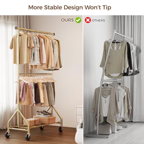 Heavy Duty Clothes Rack with Double Rod - Adjustable Freestanding Garment Organizer, Rolling Wardrobe, Gold