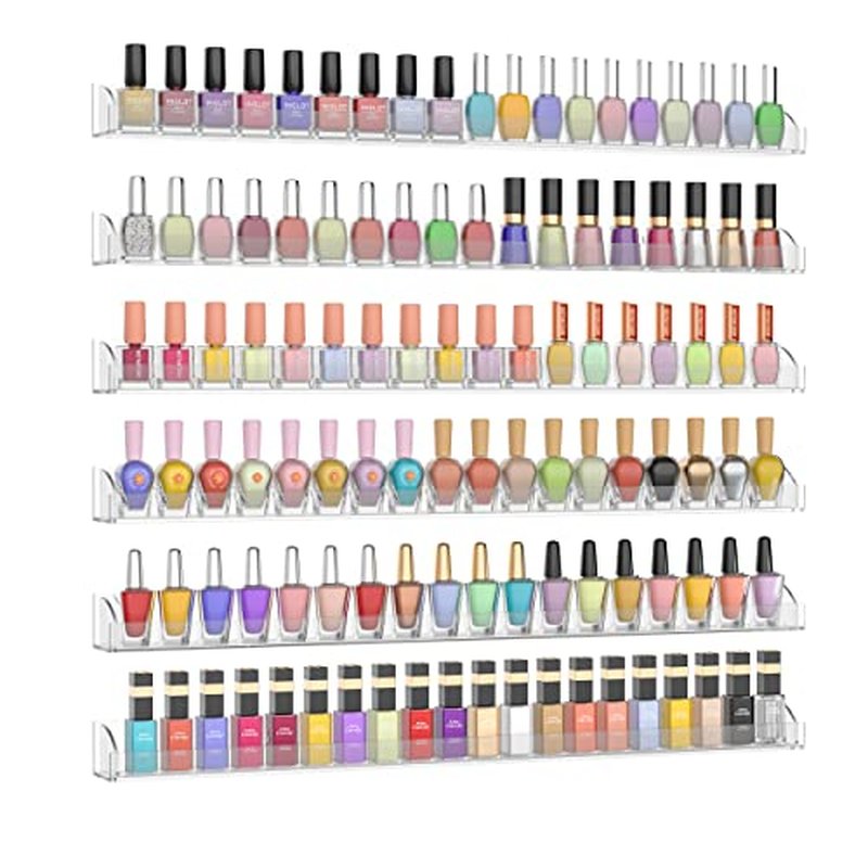 24 Inch Clear Nail Polish Wall Rack with Removable End Caps Set of 6, Acrylic Nail Polish Organizer Wall Mounted,Nail Polish Sorage Shelves for 150 Bottles (24 Inch)