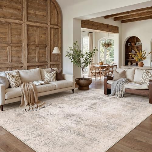 Beige Abstract Washable Area Rug 8x10 for Living Room - Non-Slip, Easy Clean