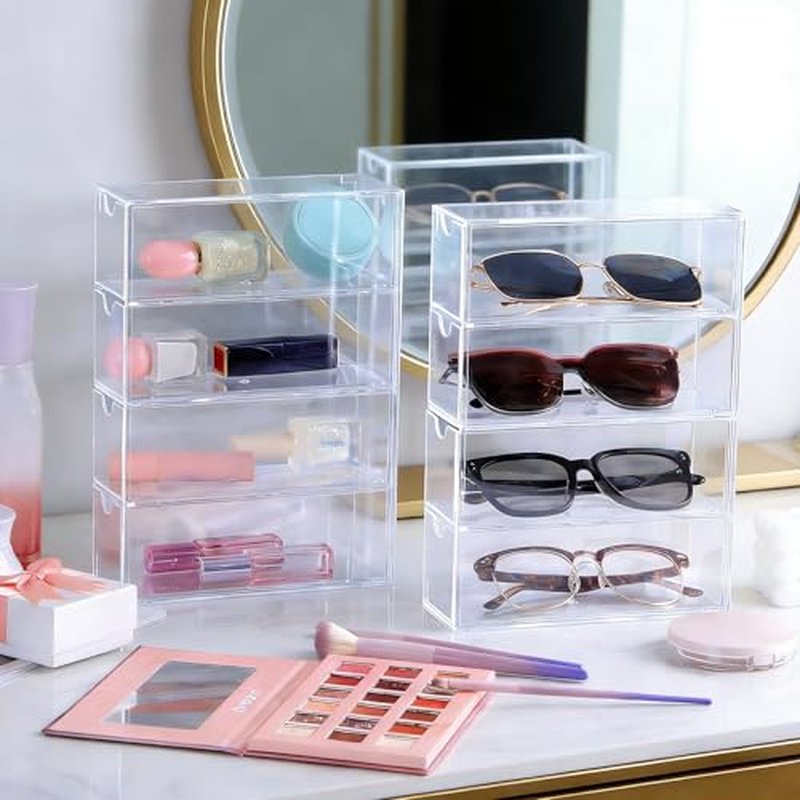 2PCS Clear Acrylic Sunglasses Organizer, Plastic Stackable Eyeglass Case Storage Organizers with 4 Drawers, Glasses Organizer for Women for Glasses Jewelry Watch Storage-9.65*6.89*2.56 Inch