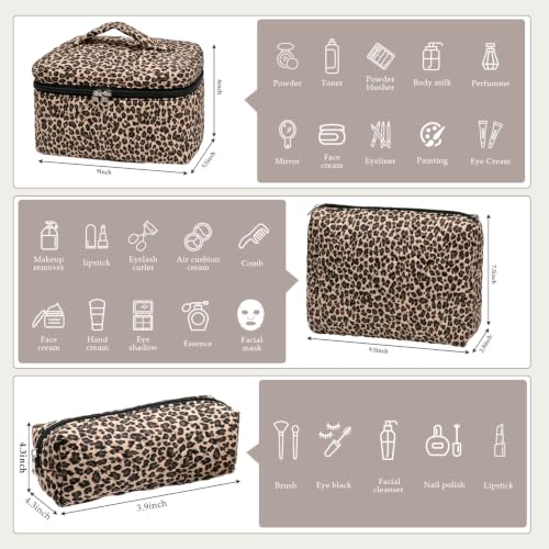 Leopard Print Quilted Makeup Bag Set - 3 Sizes Cosmetic & Toiletry Storage