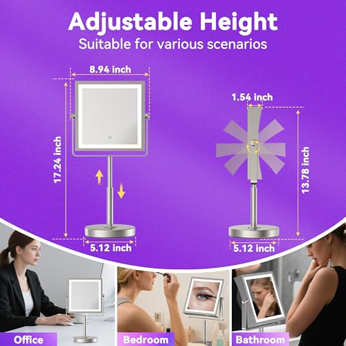 JIONIESIM Series 1X/10X Makeup Mirror with Lights, Double Sides Lighted Magnifying Mirror with 3 Colors, Height & Brightness Adjustable, Rechargeable 4000mAh Vanity Mirror (Brushed Nickel)