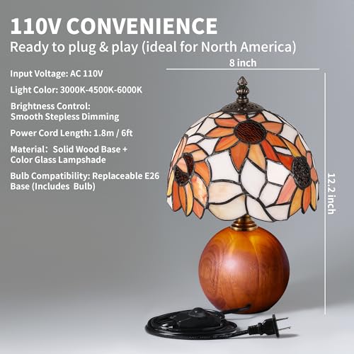 12.2" Retro Sunflower Tiffany Table Lamp with Orange Glass & Wooden Base