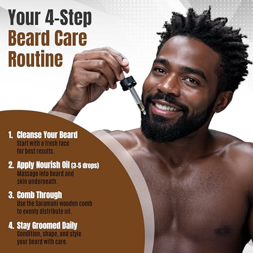 Saramani Beard Grooming Kit for Men ? 30ml Sandalwood Beard Oil + Wooden Beard Comb with Vegan Leather Case ? Natural Beard Care for Growth, Softening & Conditioning