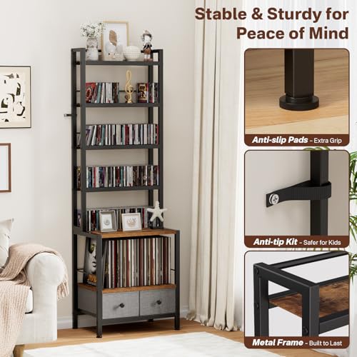 6-Tier Media Storage Rack for Vinyl Records, CDs, DVDs & Books