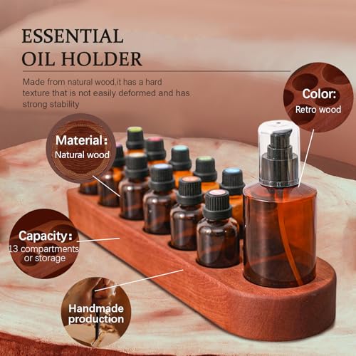 Wooden Essential Oil Holder with 13 Holes (3cmx12 & 5cmx1), Retro Desktop Display Rack for Bathroom Vanity Desk Organizer