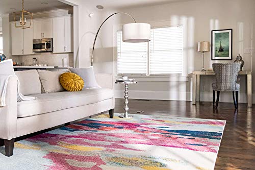 Rectangular Pink Ivory Abstract Area Rug - 5' x 8' Modern Vibrant Carpet