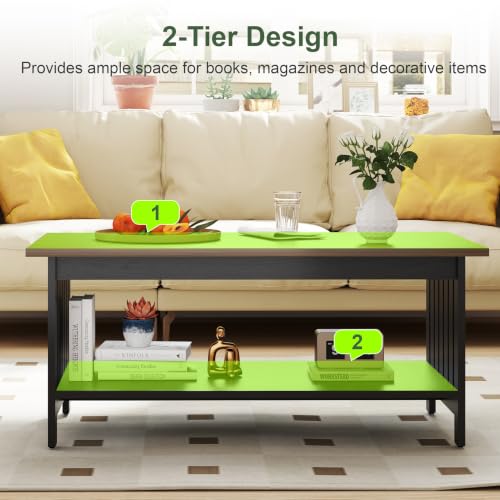 YOSHOOT 39.4-Inch Black Farmhouse Coffee Table with Double Shelf, Small Living Room Table