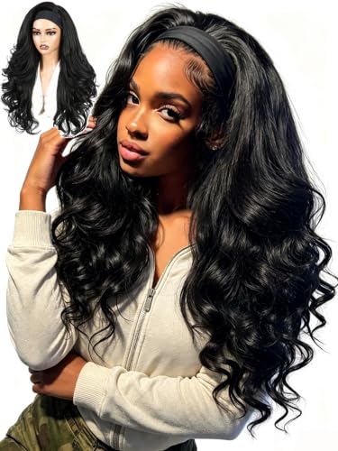 WIGNEE Black Long Yaki Curly Headband Wig for Black Women, Glueless, 26 Inch