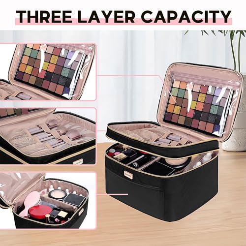 Large Travel Makeup Bag with Multiple Compartments and Brush Holder