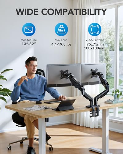 HUANUO FlowLift Dual Monitor Stand 13–32" Full Motion w/ C-Clamp or Grommet, 75x75/100x100 VESA, 4.4–19.8 lb per arm - Black / 1