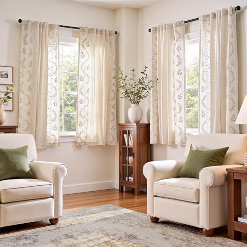 Farmhouse Linen Curtains with Floral Embroidery - 2 Panels, 63 Inch Length
