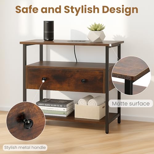 27-Inch Nightstand with Charging Station, Drawer & Open Shelves - Retro Brown - Variation of THIS listing