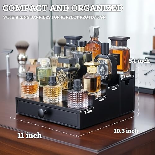 Wooden Cologne Organizer For Men 4 Tier Black | High Grade Velvet Lining and Stylish Gift Box | Side Compartment | Space Aid Cologne Holder | Perfume Display Stand | Dresser Countertop Decor