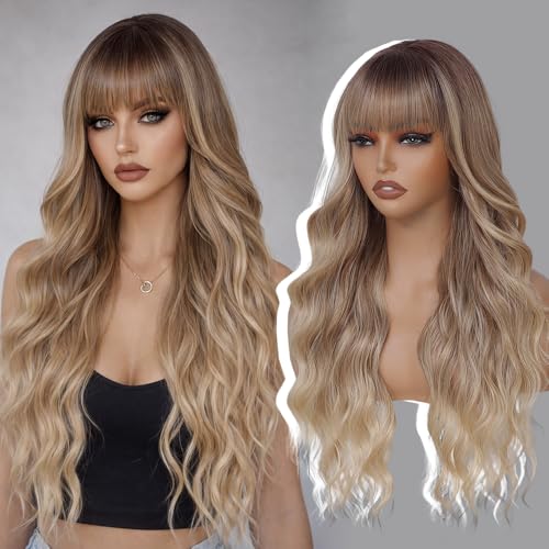 Long Blonde Wavy Wig with Bangs - 26 Inch Ombre Highlights for Women