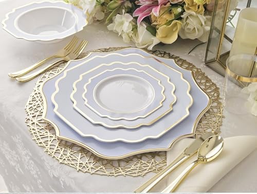 120 Pieces Disposable Plastic Dinner and Salad Plates Set - Imperial Blue & Gold, Heavyweight for Weddings & Parties