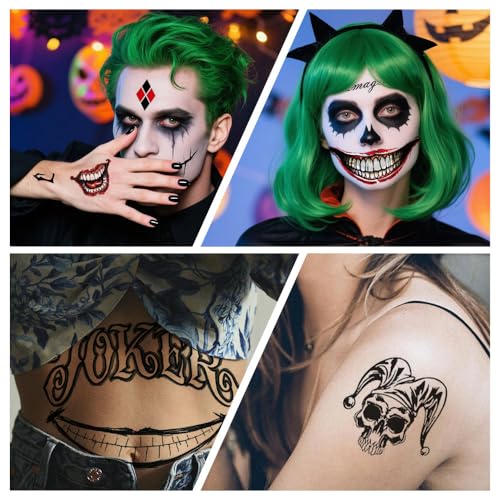 8 Sheets Joker Tattoos, Large-Size Waterproof Halloween Temp Tattoo for Men Women Adults, Suicide Squad Fake Stickers for Clown Costume Masquerade Cosplay Face Makeup Party Accessories
