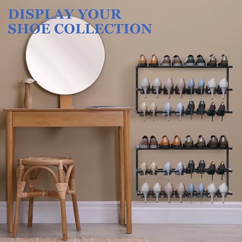 Black 4 Pack Wall Mounted Shoe Rack Adjustable 3-Tier Organizer with Hooks