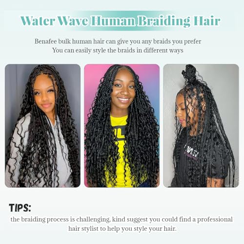 Benafee 28 Inch Water Wave Human Braiding Hair for Crochet & Boho Braids - No Weft, 100G, Natural Color