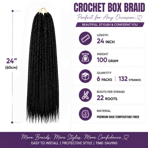 Pre-Looped Crochet Braids - 24 Inch Black 1B - 6 Pack of Synthetic Hair Extensions