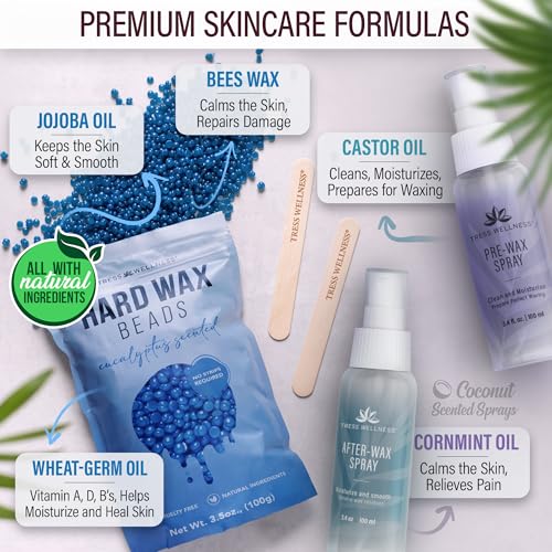 Tress Wellness Waxing Kit for Sensitive Skin ? Safe for Face & Skin, Prep & Aftercare Spray, Easy to Use ? At-Home Kit for Face, Bikini, Brazilian & Full Body - Digital Display, Pink