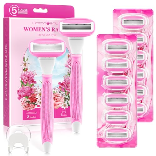 Razors for Women Include 2 Non-Slip Handles and 14 Blade Refills with a Shower Holder, 5 Premium Blades Women's Razors for Shaving with 360¡Æ Lubrication Reduces Irritation, Pink
