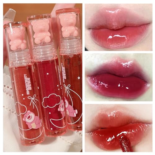 6 Colors Bear Lip Gloss,Jelly Lip Glaze,Cute Liquid Lipstick Bear Lip Stain Watery Lipgloss Plumping Lip Tint Moisturizing Waterproof Long Lasting for Lip and Cheek