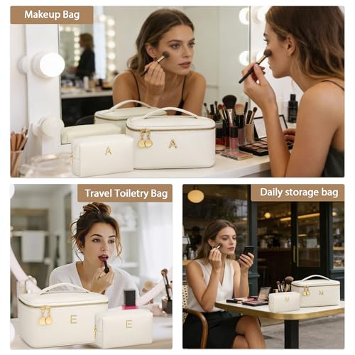 Beige Personalized Initial Travel Makeup Toiletry Bag Gifts for Women - K