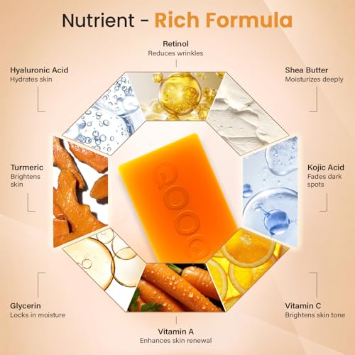 QOOQ Turmeric Kojic Acid Soap for Dark Spots Remover ? Facial Cleansing Bar with Vitamin C, Retinol, Collagen, Vitamin E, Glycerin, Shea Butter & Castile Olive Oil ? Soap for Women & Men (120g x 2)