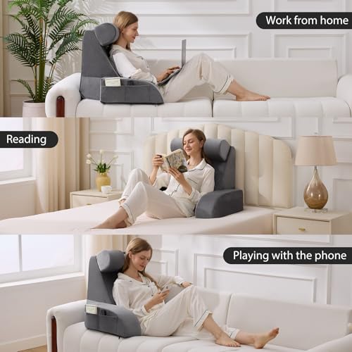 Velorose 21-Inch Large Reading Pillow with Back Support & Pockets - Grey