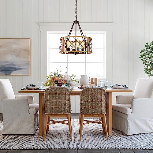 Farmhouse Chandelier Pendant Light Fixture - 4-Light Adjustable Vintage Pendant for Dining & Entryway - Dark Oak & Black
