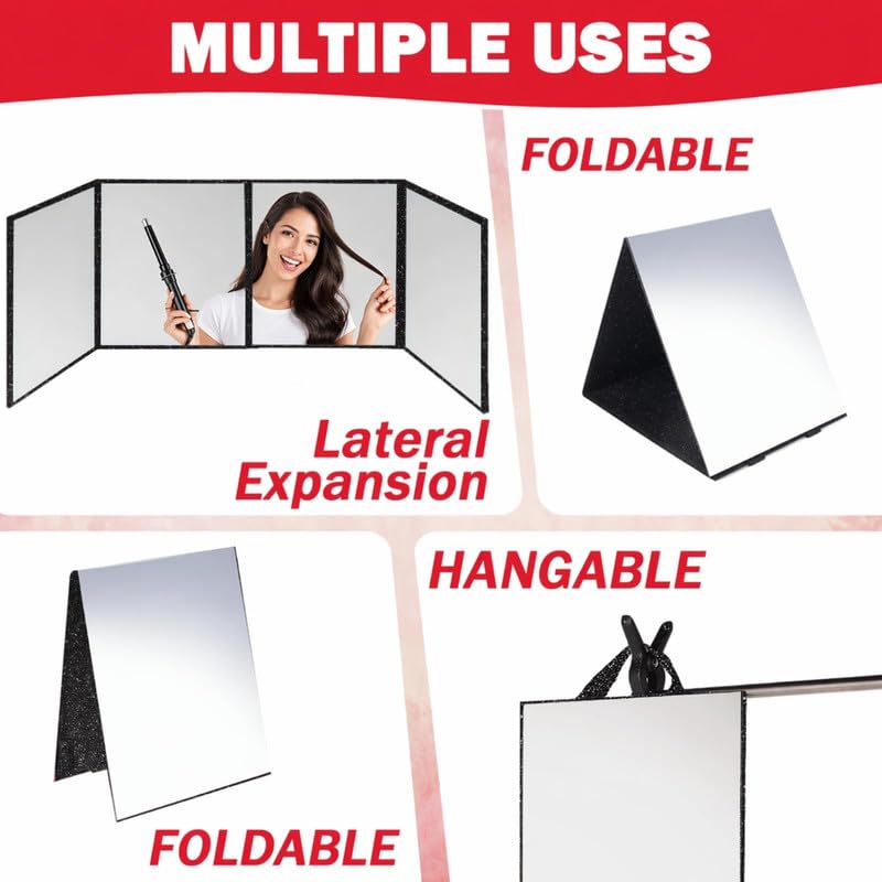 Foldable Acrylic Full Length Mirror with Handle - Tri-Fold, Black