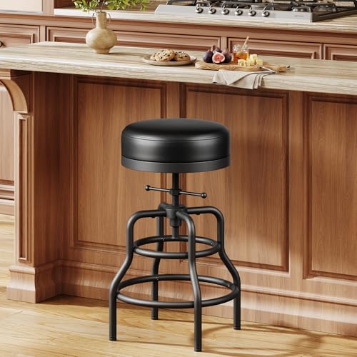Adjustable Height Industrial Swivel Bar Stool - 22 to 29 Inch, Leather Cushion