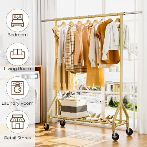 HYSEYY Gold Heavy Duty Clothing Rack 450 LBS Standing Garment Rack with Wheels