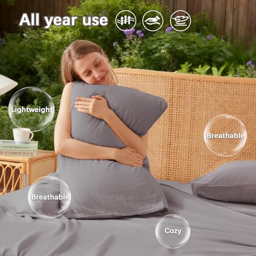 King Size Cotton Muslin Sheet Set - Grey 4-Piece Breathable Bed Sheets