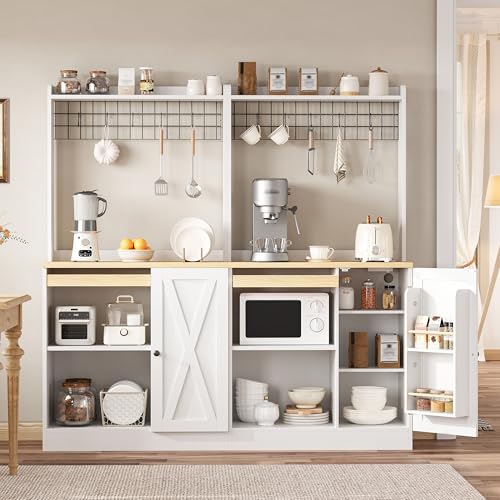 IRONCK White Bakers Rack with Pull-Out Shelf and Power Outlet - Kitchen Storage