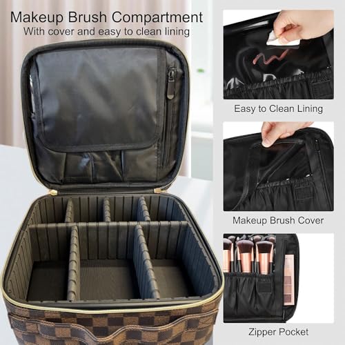 Brown Checkered Makeup Bag Organizer Travel Cosmetic Case with Brush Storage | Large Capacity Makeup & Skin Care Organizer with Adjustable Dividers | Stylish PU Leather Designer Vanity Bag