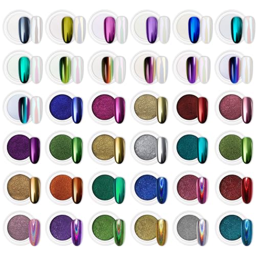 Artdone 36 Jars Chrome Nail Powder Magic White Pearl Kit Mirror Effect Silver Metallic Holographic Dip Nail Powder For Resin Craft & Nail Art Decoration Iridescent Aurora Mermaid Pigment