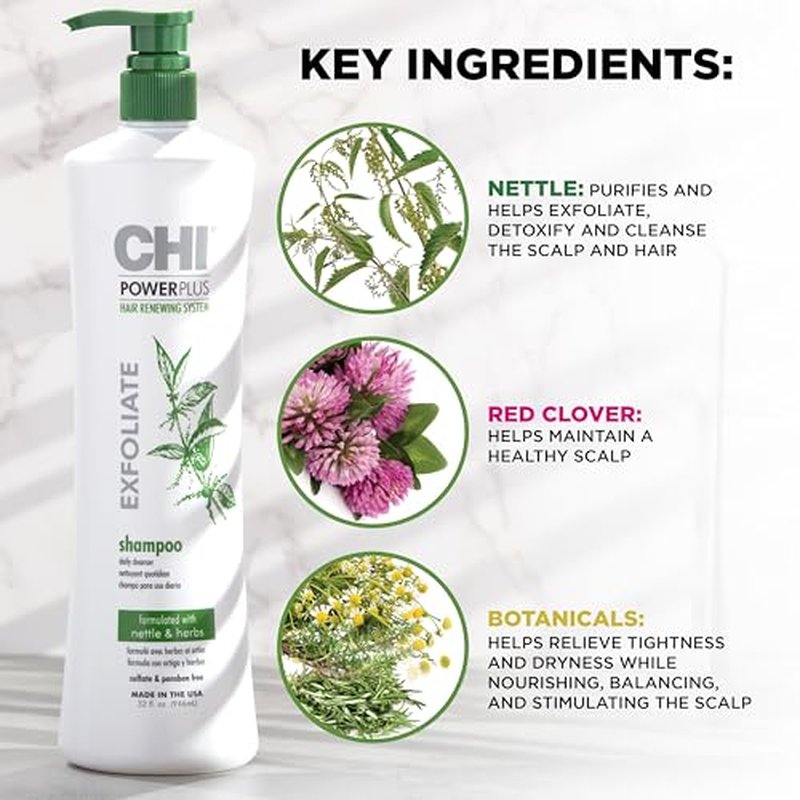 CHI PowerPlus Exfoliating Shampoo, Hair Renewal System For A Healthy Scalp, Delivers Weightless Shine, For Versatile Styling & All Hair Types