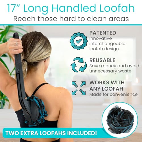 Vive Interchangeable Long Handled Loofah on a Stick - Black Mesh Back Sponge, Reusable