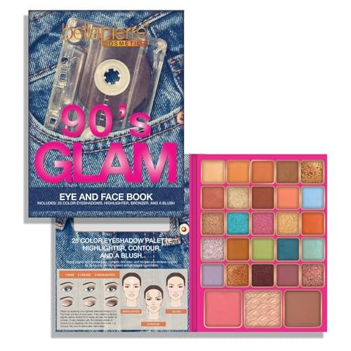 Bellapierre 90s Glam Face & Eye Book Palette | 25 Eyeshadow Shades with Blush, Bronzer, & Highlighter | Non-Toxic & Paraben Free | Vegan & Cruelty-Free