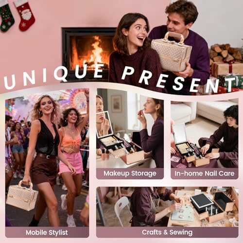 Rose Gold Makeup Case Organizer with Mirror - Travel Train Box & Storage