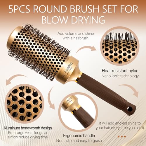 Gold 5-in-1 Ceramic Ionic Round & Paddle Hair Brush Set for Styling & Volume - Includes Section Clips