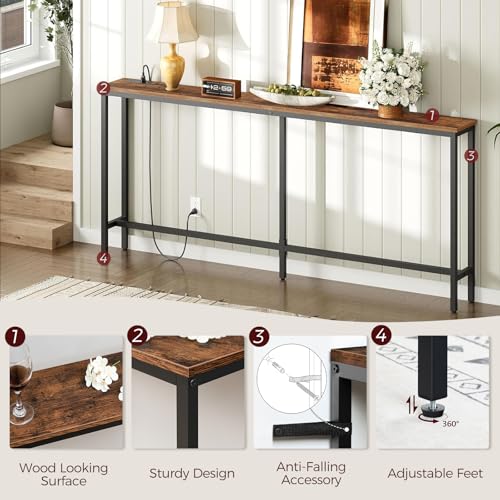 MAHANCRIS Rustic Brown 70.9" Console Table with Charging Station, Slim Entryway Sofa Table with Power Outlets
